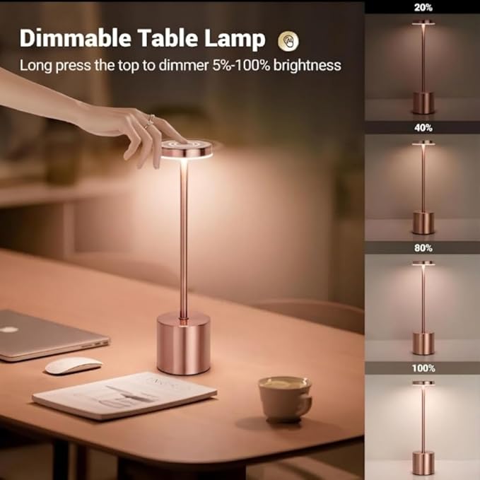 2 Pack Modern Rose Gold Rechargeable Table Lamp with 3 Color Light Modes