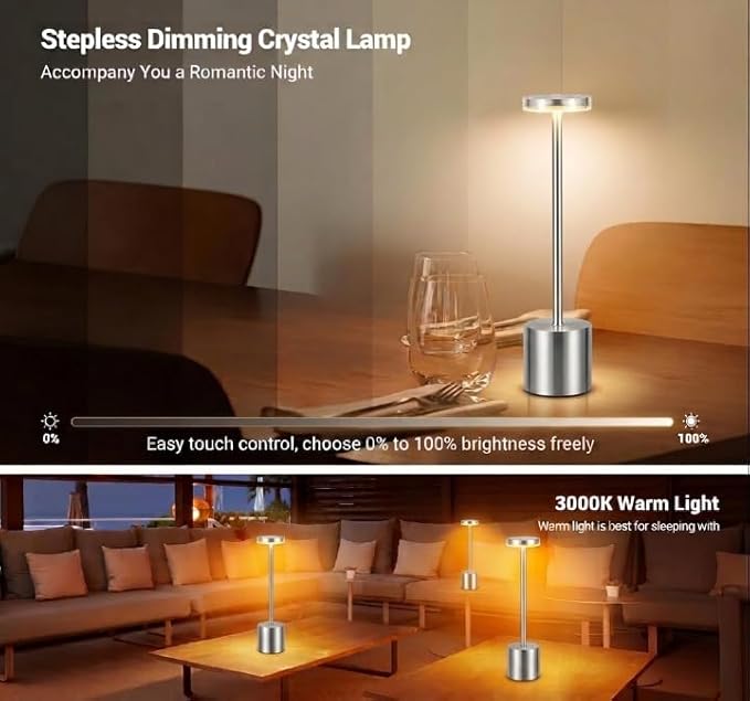 Modern Sliver Rechargeable Table Lamp with 3 Color Light Modes