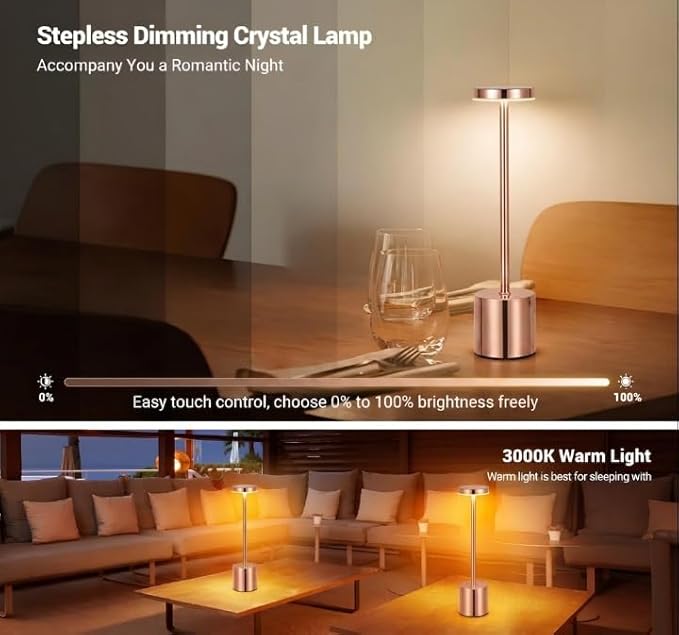 Modern Rose Gold Rechargeable Table Lamp with 3 Color Light Modes