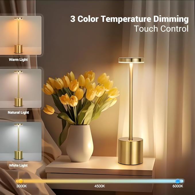 Modern Gold Rechargeable Table Lamp with 3 Color Light Modes